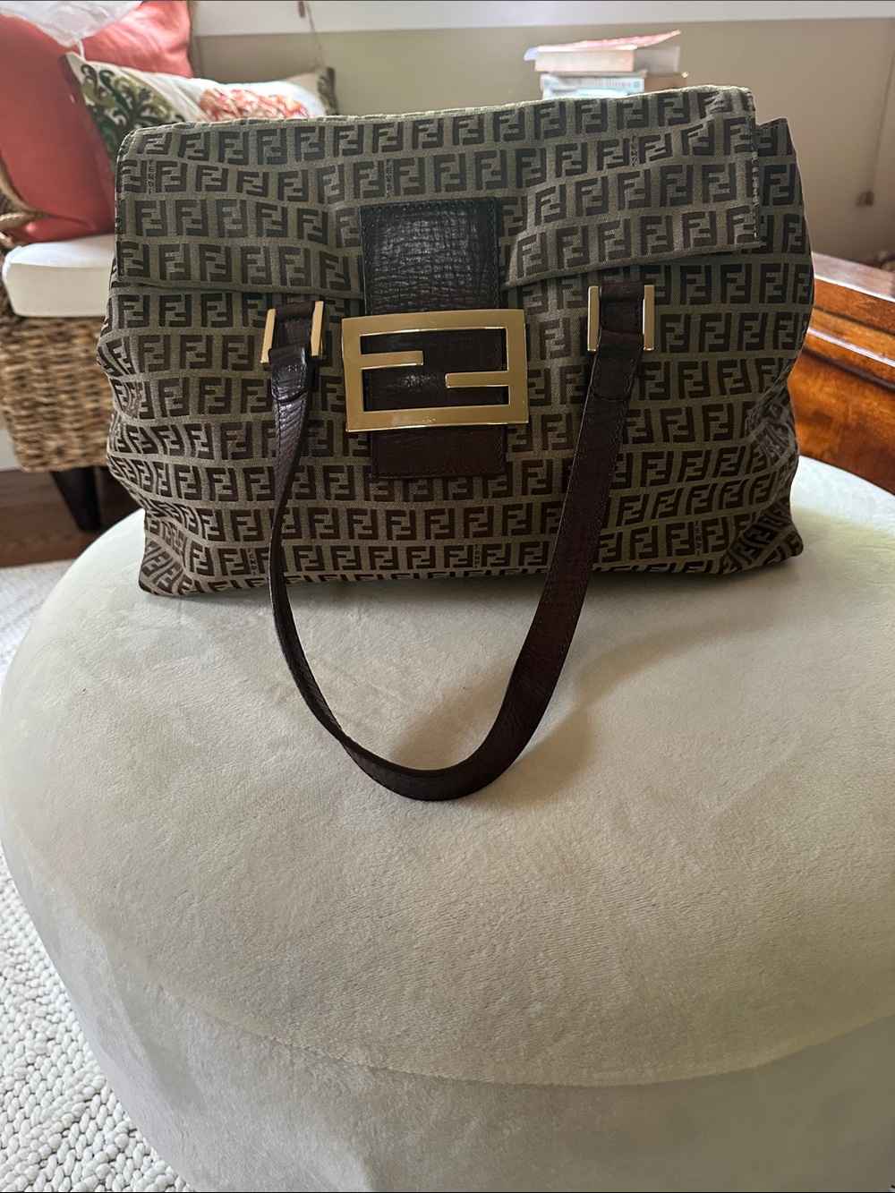 Designer-FENDI Brown Monogram Tote with Gold Buckle